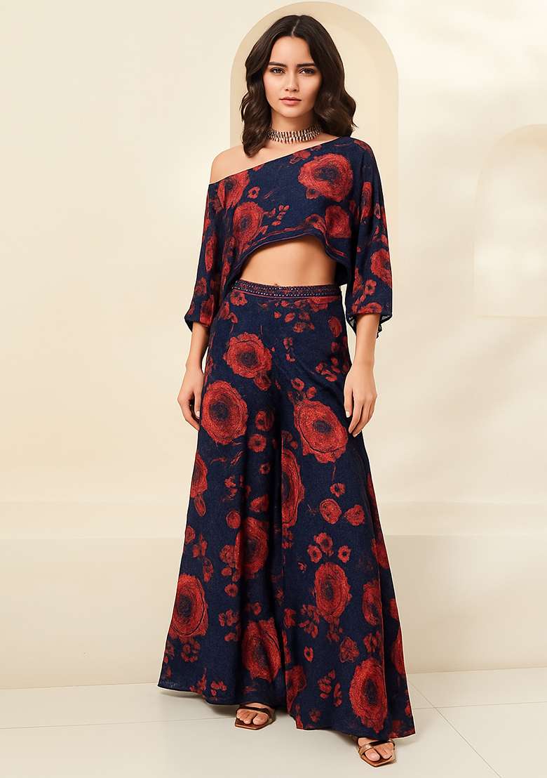 Blue Printed Chiffon Fusion Set - Indya