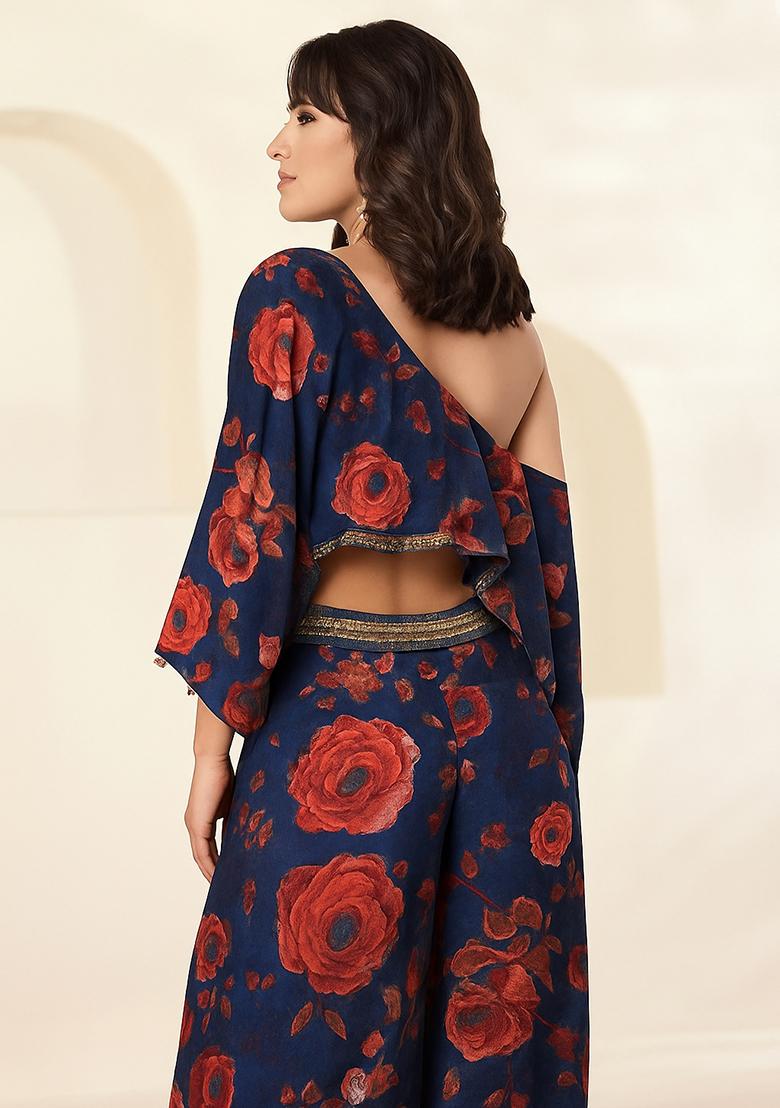 Blue Printed Chiffon Fusion Set - Indya