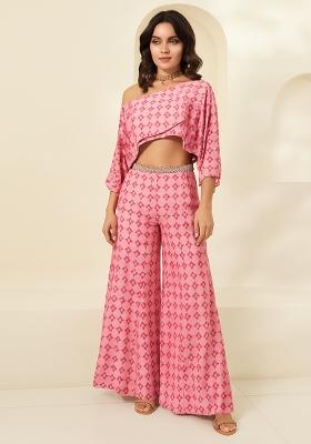 Pink Printed Chiffon Fusion Set