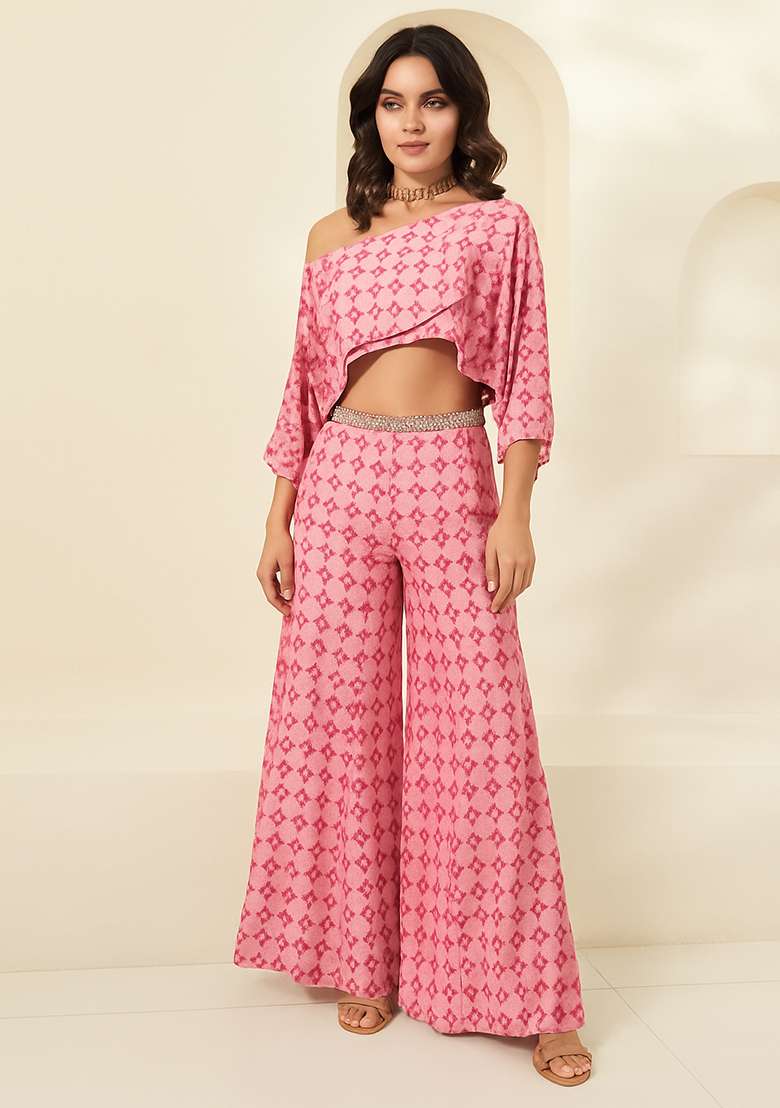 Pink Printed Chiffon Fusion Set - Indya