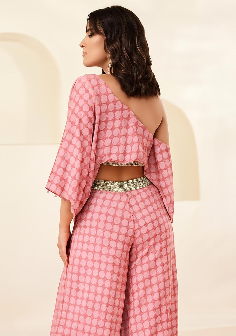 Pink Printed Chiffon Fusion Set - Indya