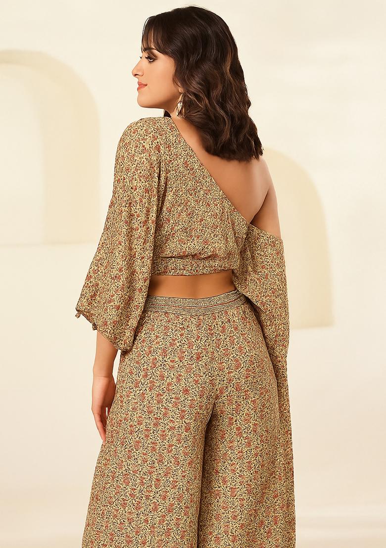 Beige Printed Chiffon Fusion Set - Indya