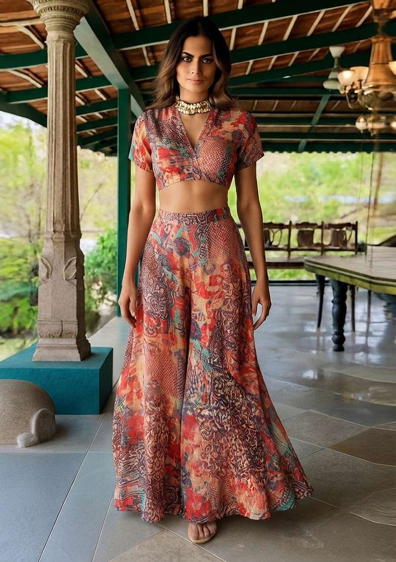 Multicolor Printed Chiffon Fusion Set - Indya