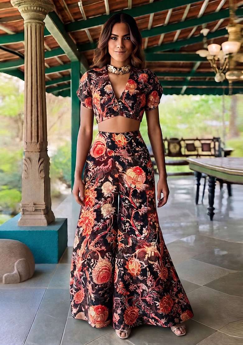 Black Printed Chiffon Fusion Set - Indya
