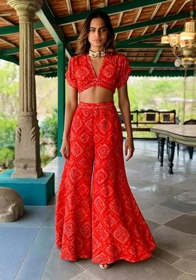 Tomato Red Printed Chiffon Fusion Set