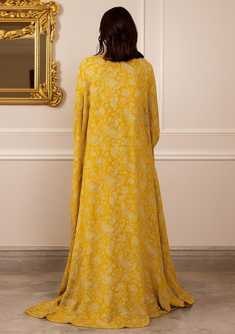 Yellow Printed Chiffon Fusion Set - Indya