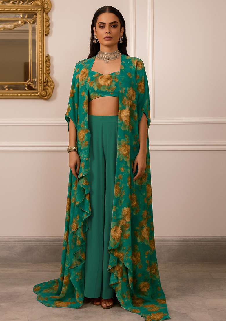 Ocean Blue Printed Chiffon Fusion Set for Diwali and Festive Wear - Indya