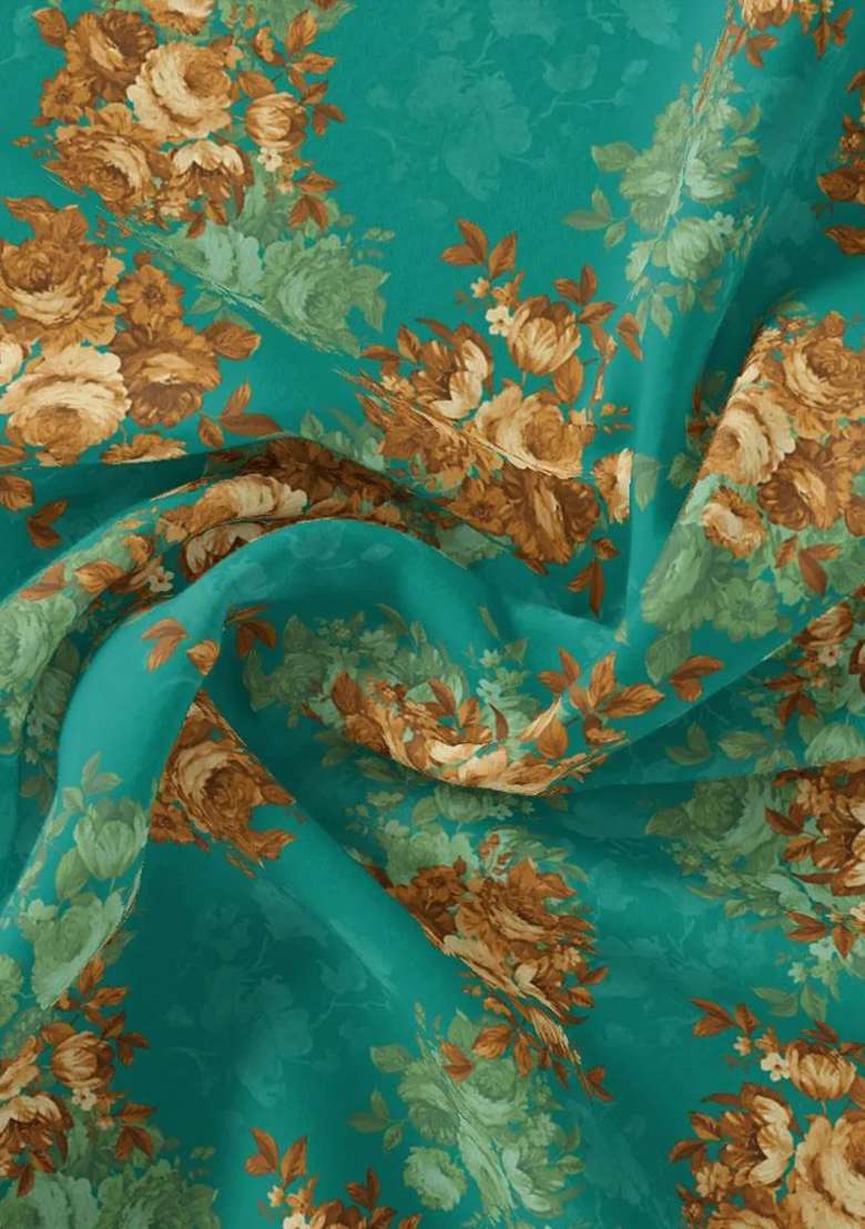 Ocean Blue Printed Chiffon Fusion Set for Diwali and Festive Wear - Indya