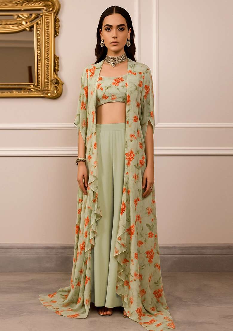 Grey Chiffon Fusion Set with Printed for Diwali | Wedding & Festive Wear - Indya