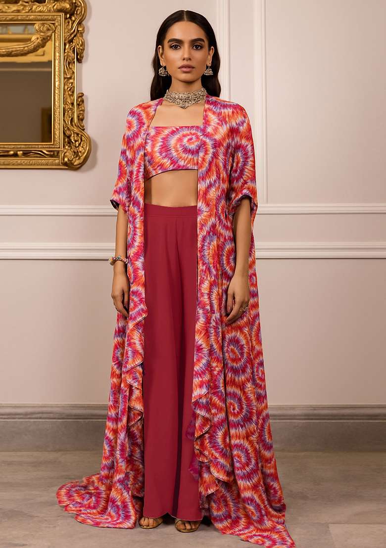 Multicolor Chiffon Fusion Set with Printed for Diwali | Wedding & Festive Wear - Indya