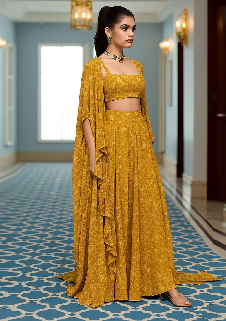 Yellow Printed Chiffon Fusion Set - Indya