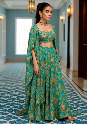 Ocean Blue Printed Chiffon Fusion Set