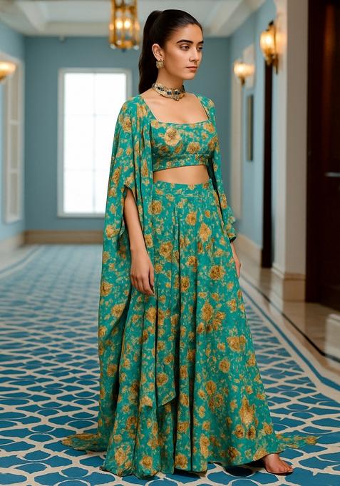 Ocean Blue Printed Chiffon Fusion Set