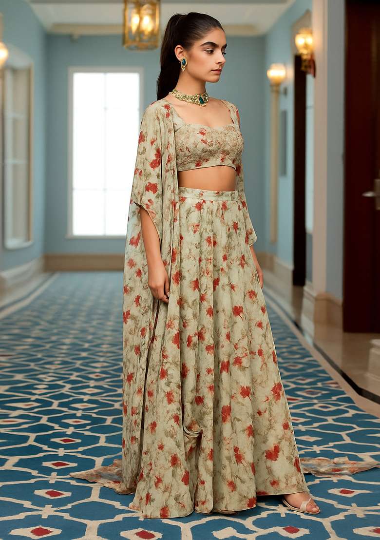 Grey Printed Chiffon Fusion Set - Indya
