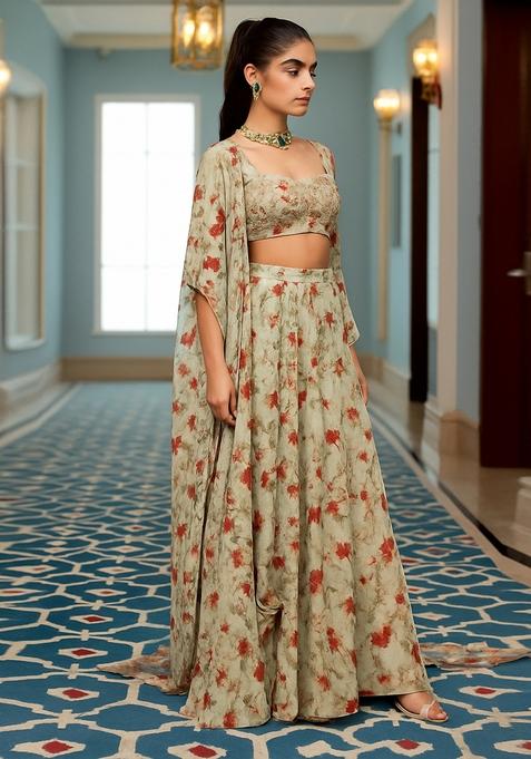 Grey Printed Chiffon Fusion Set