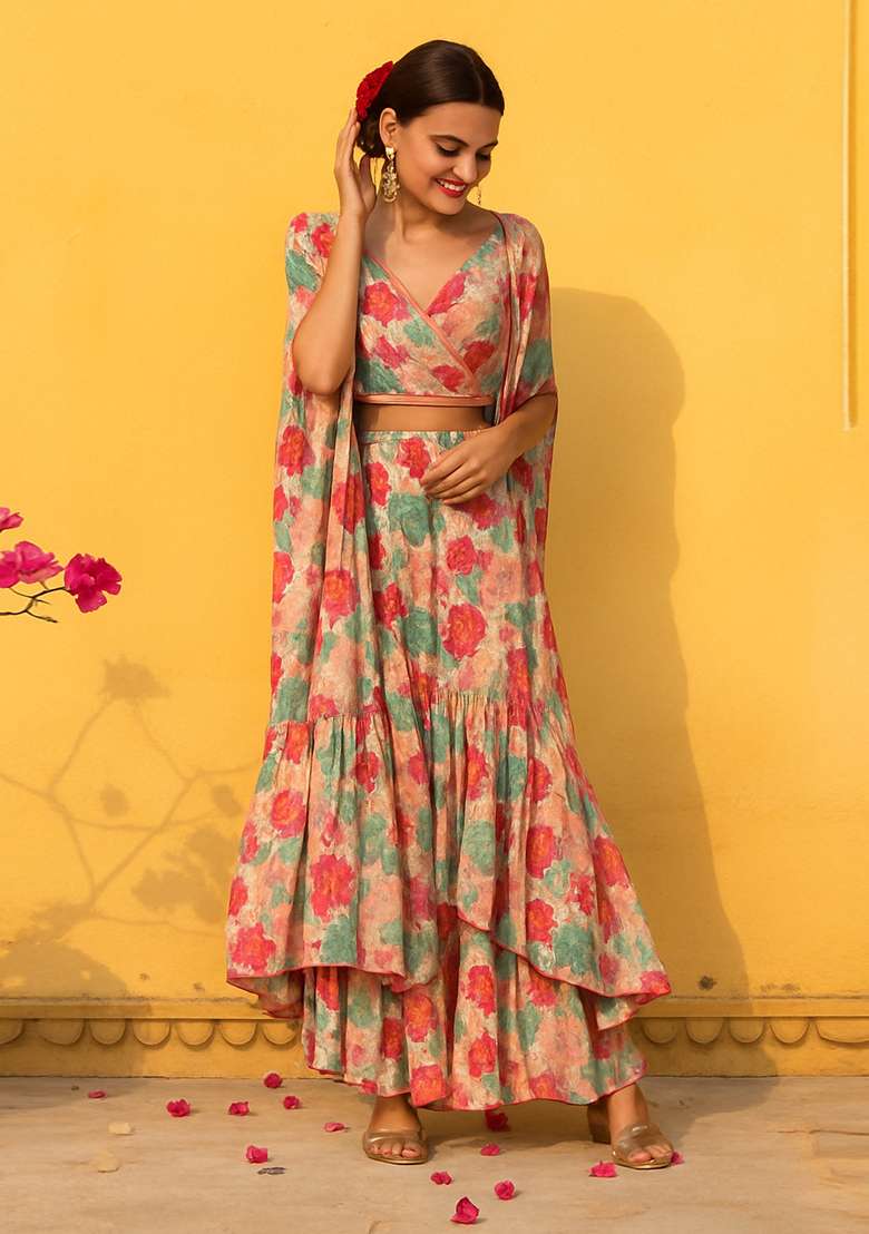 Peach Printed Chiffon Fusion Set - Indya