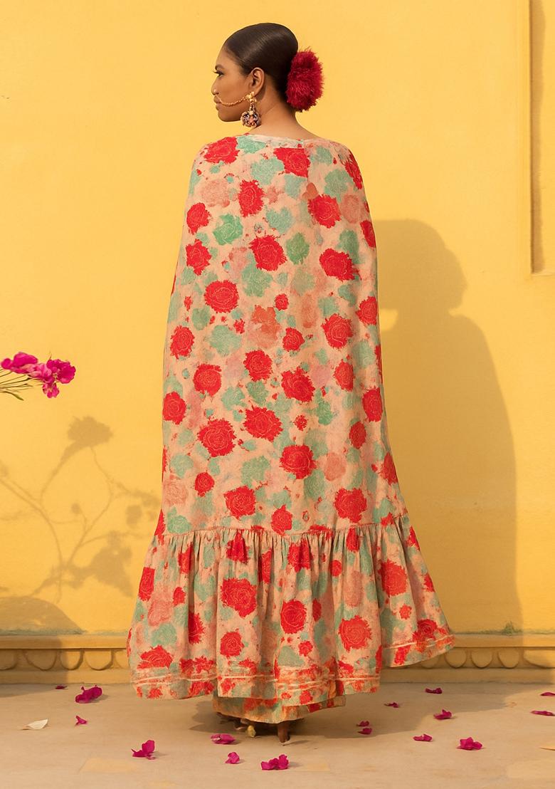 Peach Printed Chiffon Fusion Set - Indya