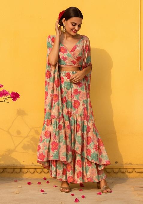 Peach Printed Chiffon Fusion Set