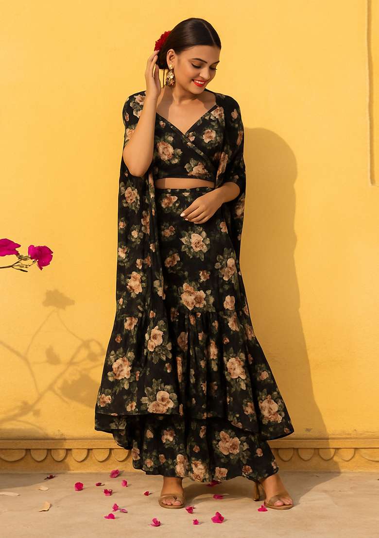 Black Printed Chiffon Fusion Set - Indya