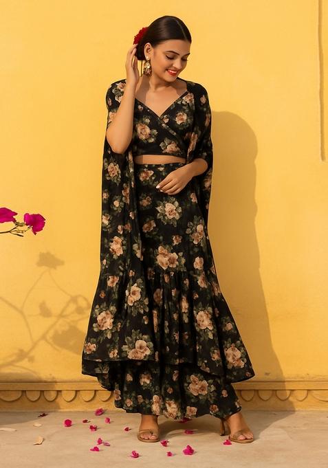 Black Printed Chiffon Fusion Set