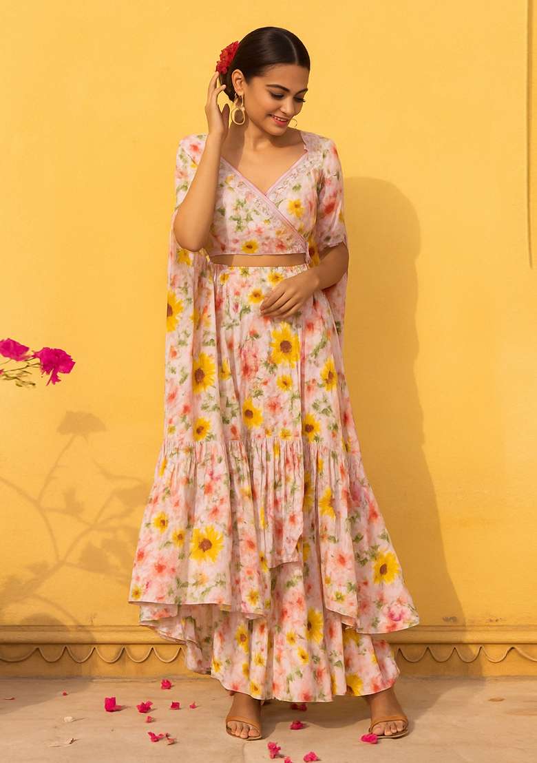 Baby Pink Printed Chiffon Fusion Set - Indya