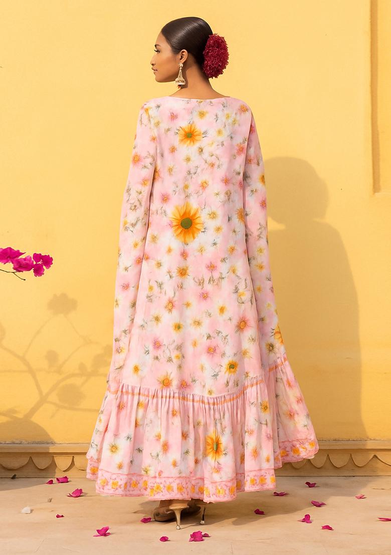 Baby Pink Printed Chiffon Fusion Set - Indya