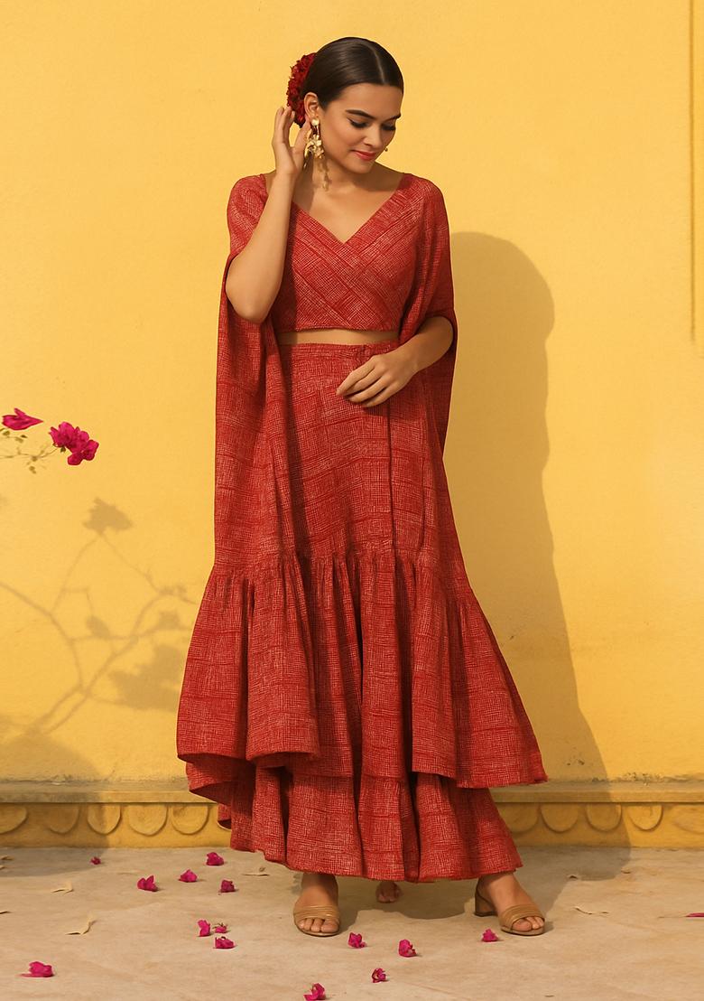 Red Printed Chiffon Fusion Set