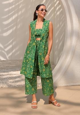 Forest Green Printed Dola Silk Fusion Set
