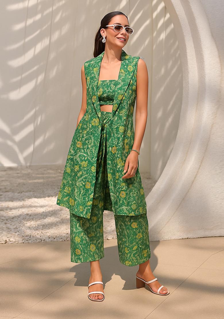 Forest Green Printed Dola Silk Fusion Set - Indya