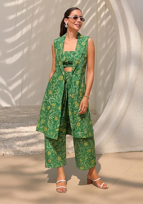 Forest Green Printed Dola Silk Fusion Set