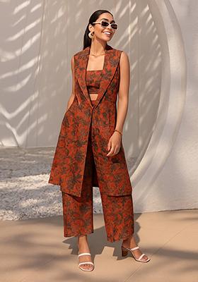 Peach Printed Dola Silk Fusion Set