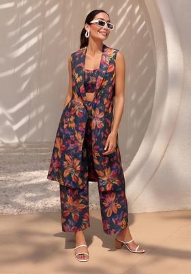 Purple Printed Dola Silk Fusion Set