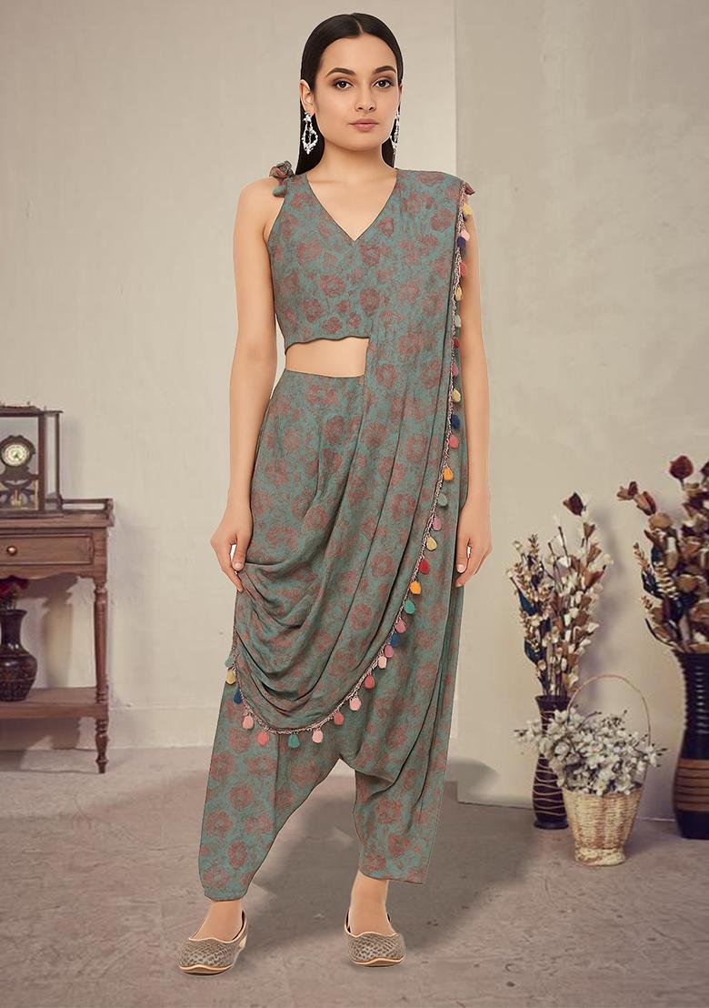 Mint Green Printed Polyester Fusion Set