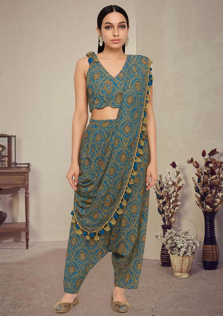 Ocean Blue Printed Polyester Fusion Set for Diwali and Festive Wear - Indya