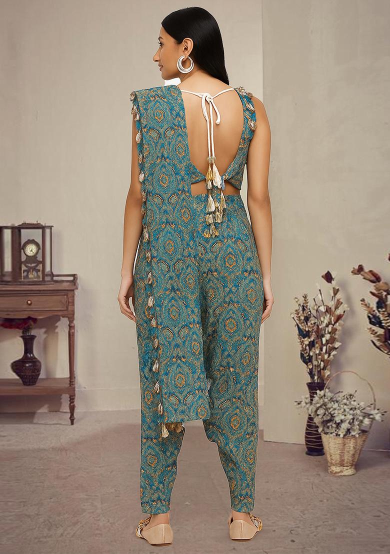 Ocean Blue Printed Polyester Fusion Set - Indya