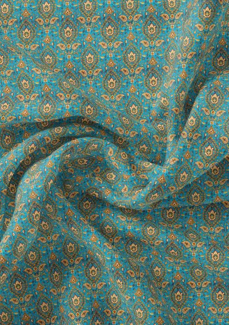 Ocean Blue Printed Polyester Fusion Set for Diwali and Festive Wear - Indya