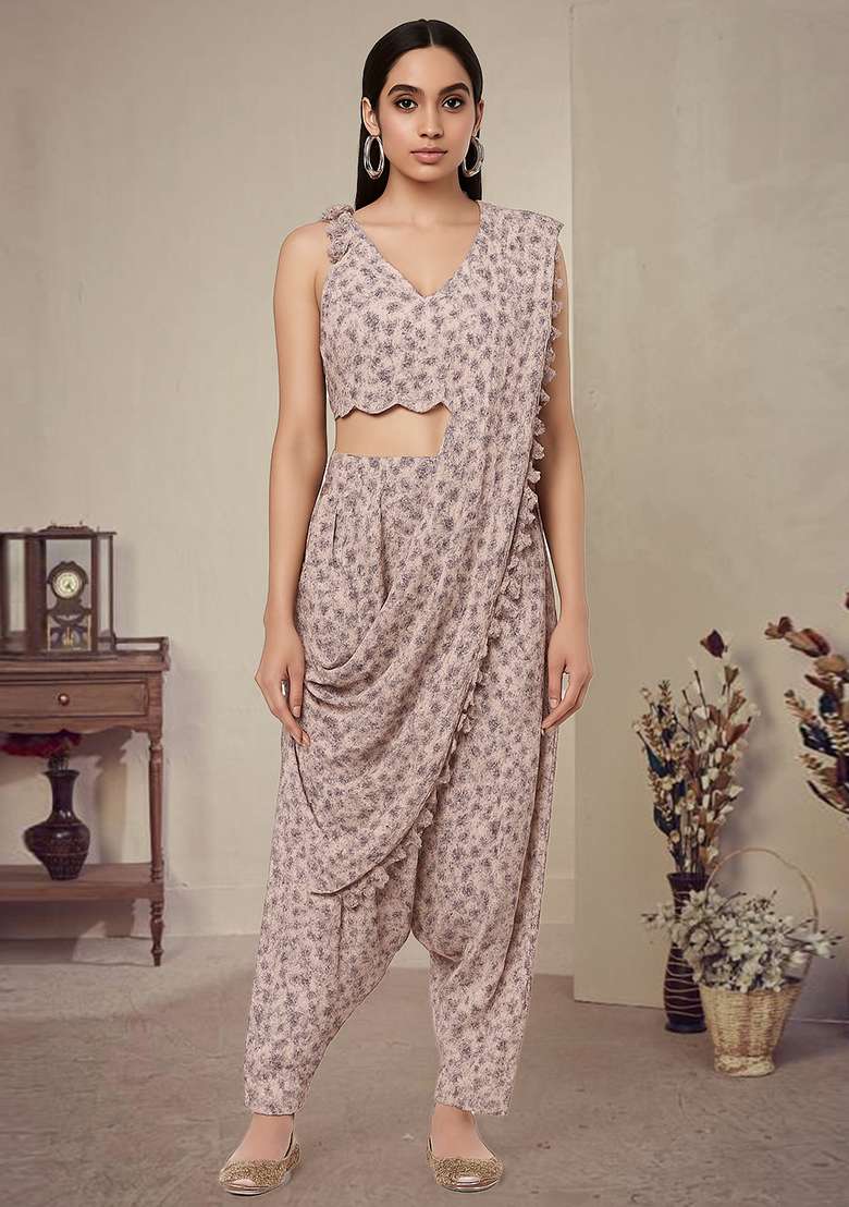 Pink Printed Polyester Fusion Set for Diwali and Festive Wear - Indya