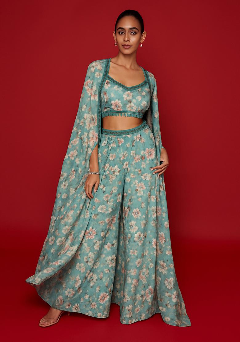 Teal Green Printed Polyester Fusion Set