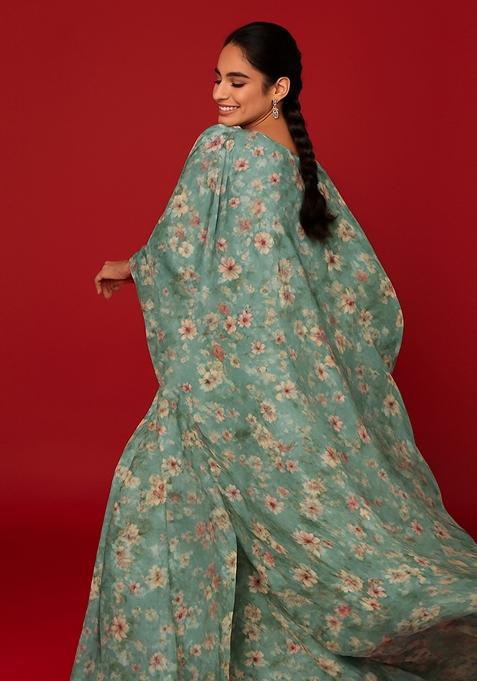 Teal Green Printed Polyester Fusion Set