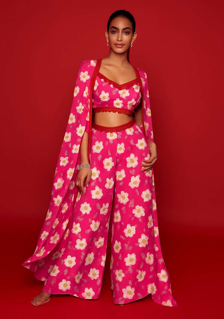Pink Printed Polyester Fusion Set - Indya