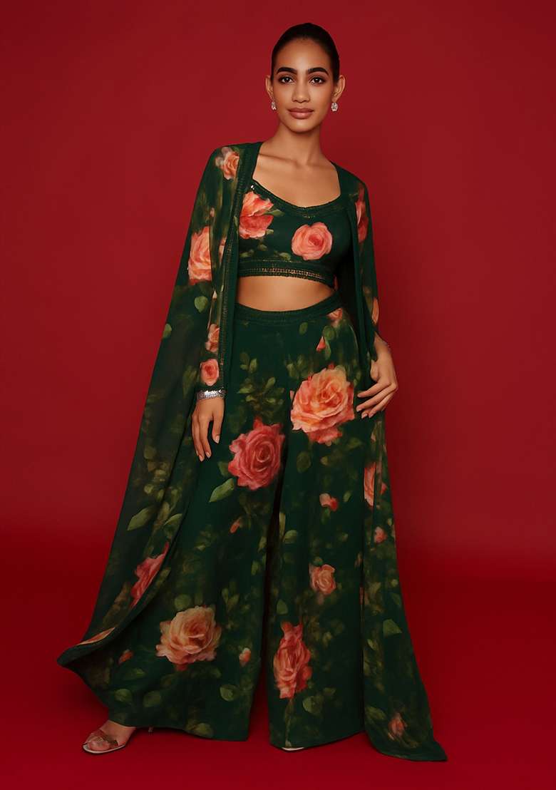 Dark Green Printed Polyester Fusion Set - Indya