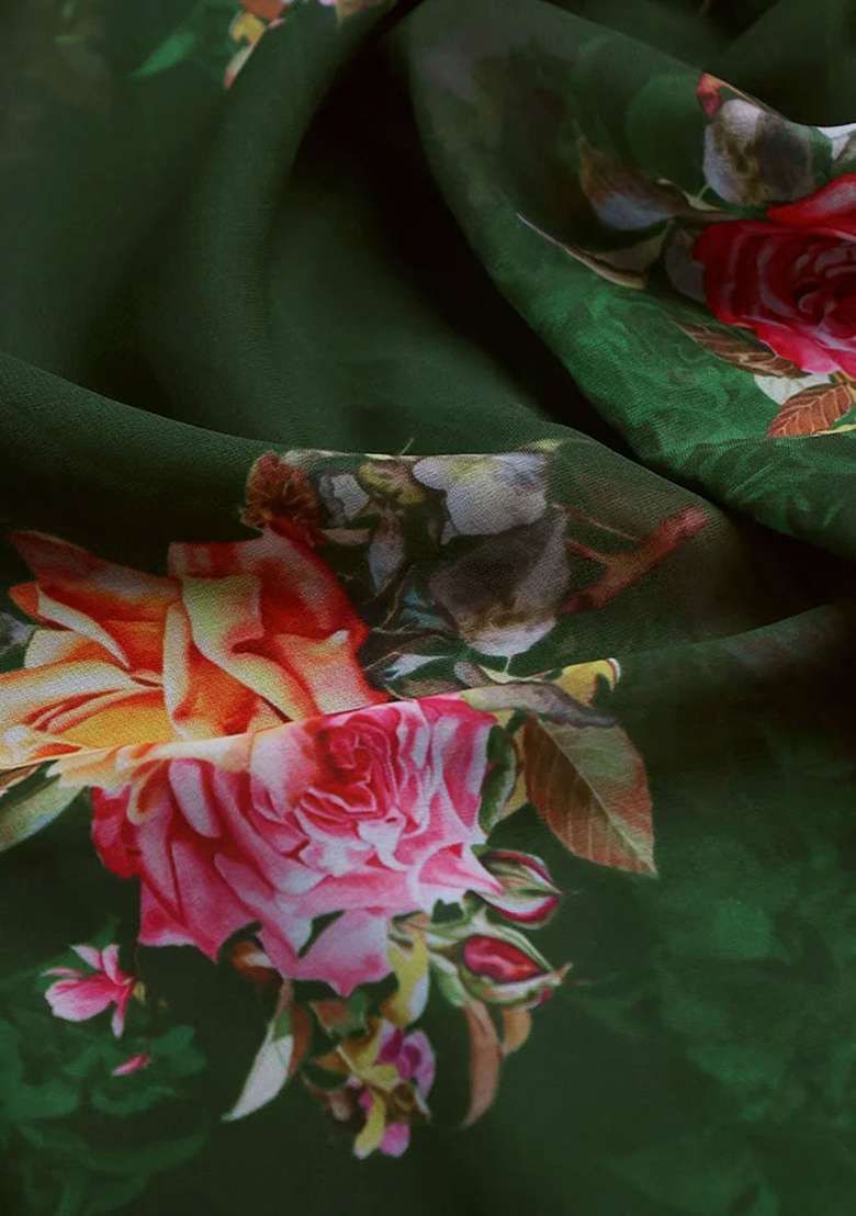 Dark Green Printed Polyester Fusion Set - Indya