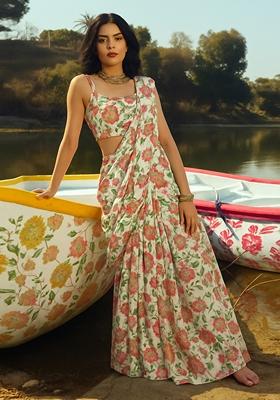 Beige Printed Chiffon Fusion Set