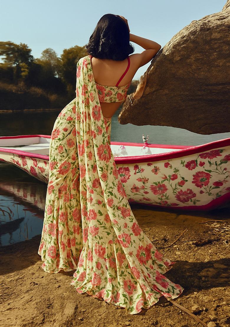 Beige Printed Chiffon Fusion Set - Indya