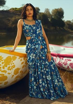 Blue Printed Chiffon Fusion Set