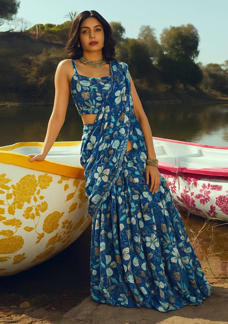 Blue Printed Chiffon Fusion Set - Indya