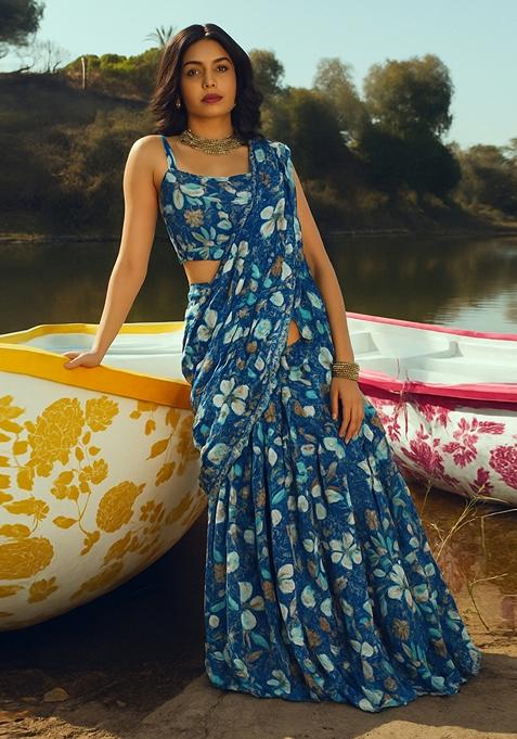 Blue Printed Chiffon Fusion Set