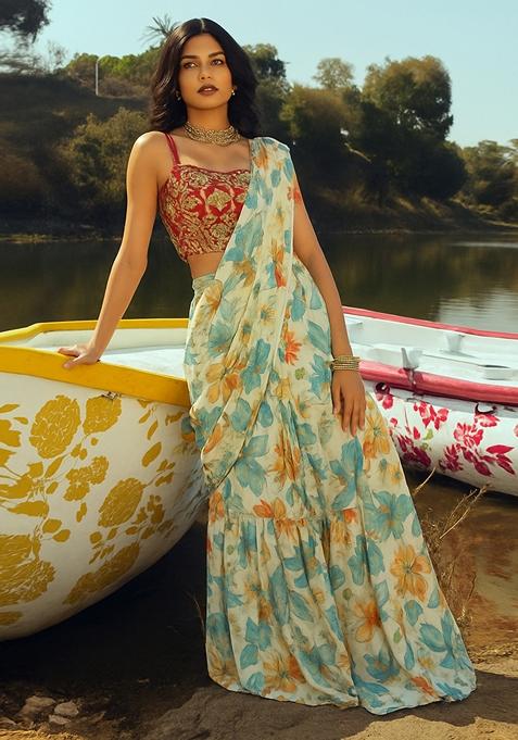 Light Yellow Printed Chiffon Fusion Set