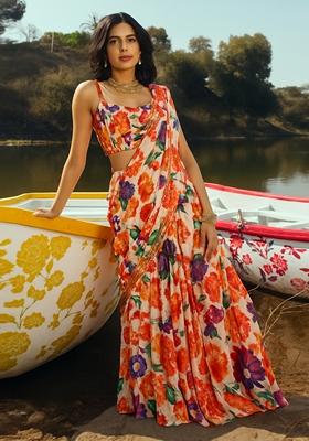 Off White Printed Chinon Fusion Set