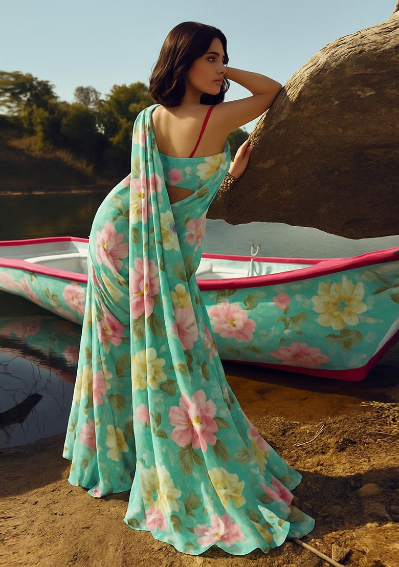 Sky Blue Printed Chinon Fusion Set - Indya